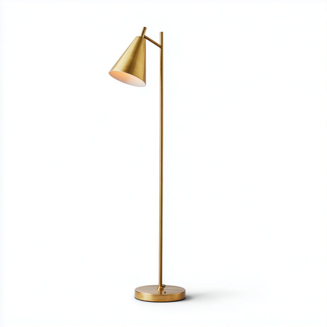 Lampada da terra in metallo dorato con paralume conico