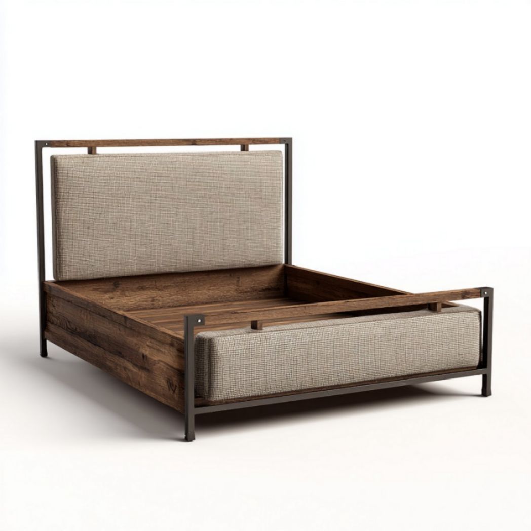 Letto matrimoniale in tessuto beige con struttura in metallo e testata imbottita
