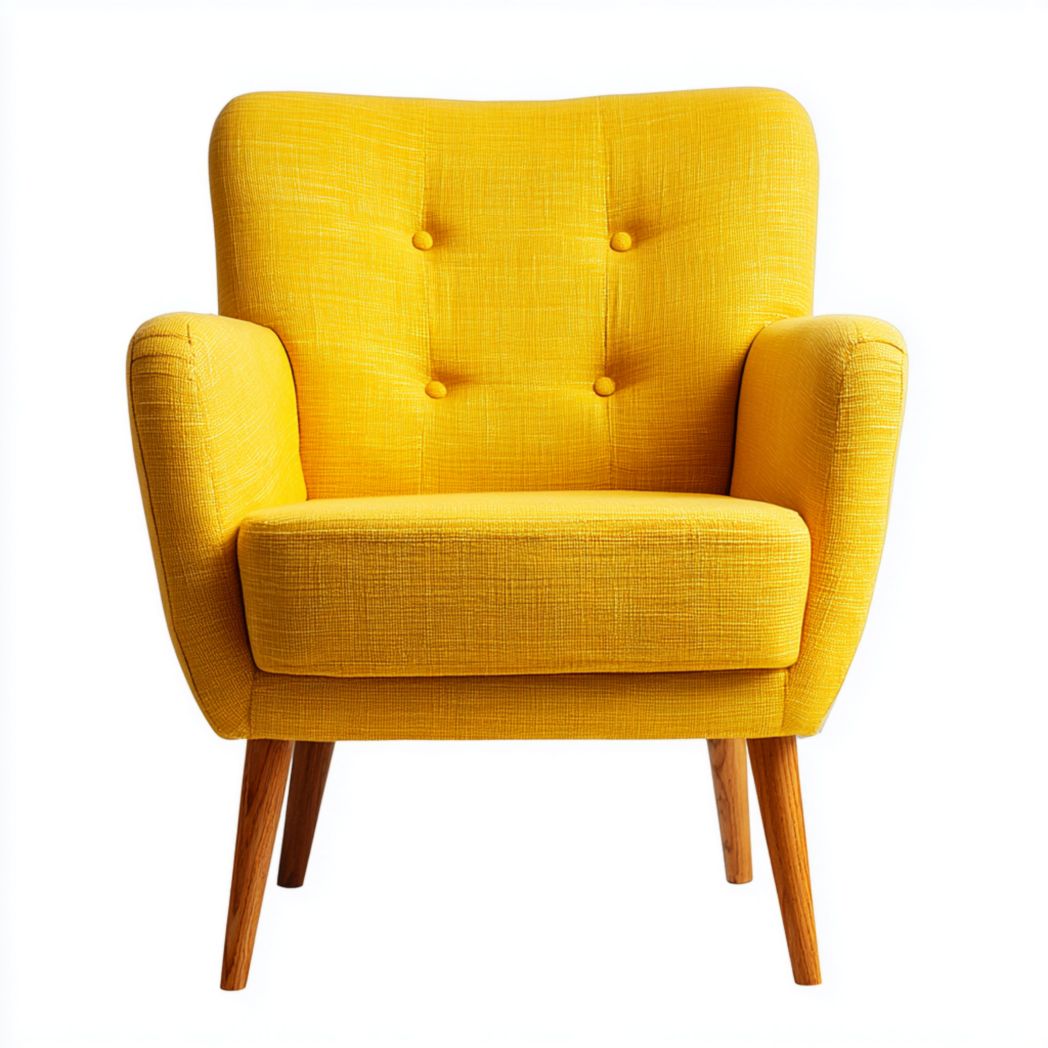 Poltrona in tessuto giallo con gambe in legno chiaro